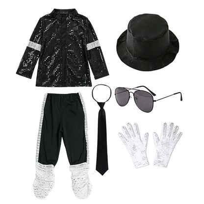 Kids Boys Michael Jackson Inspired Costume Set with Full Accessories for Dance Performance and Halloween Party