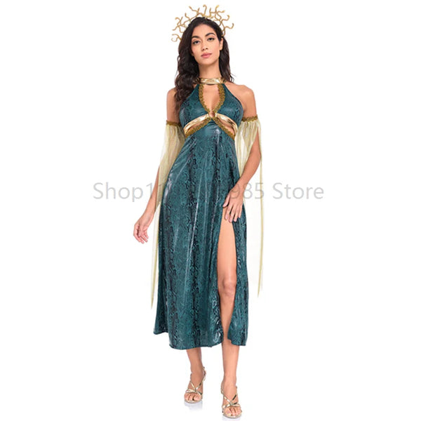 Halloween Greek Myth Goddess Costume Dress Mediaeval Ancient Egypt Roman Witch Egyptian - green / L