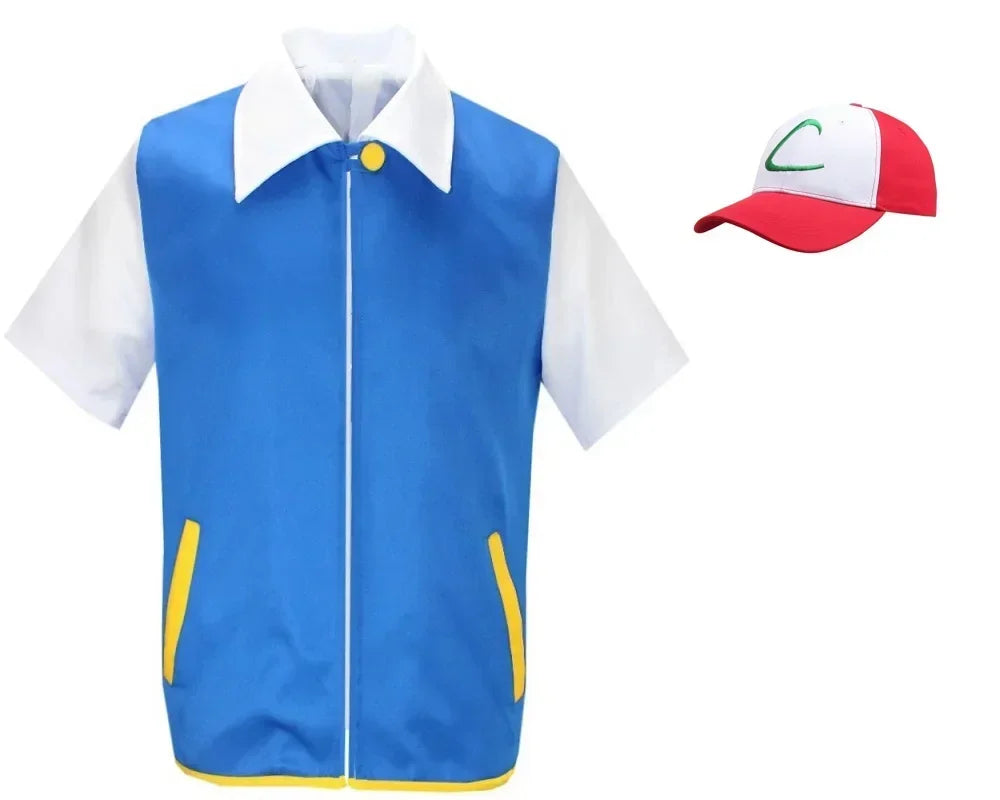 Adult Ash Ketchum Costume for Halloween Men Anime Trainer Costume Women Blue Jacket Cap - top hat gloves / XL