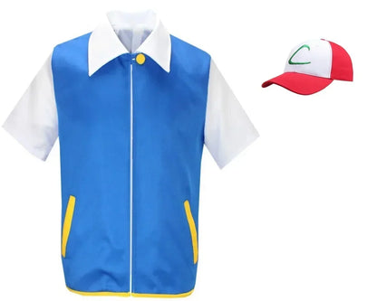 Adult Ash Ketchum Costume for Halloween Men Anime Trainer Costume Women Blue Jacket Cap - top hat gloves / XL