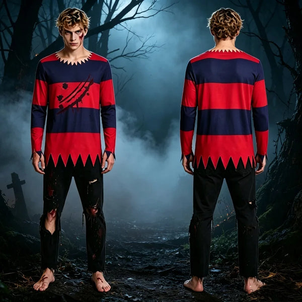 Men Horror Costume Striped Jagged Blood Sleeve Shirt Scary Halloween Outfit Adult Terror - Only Top / 160