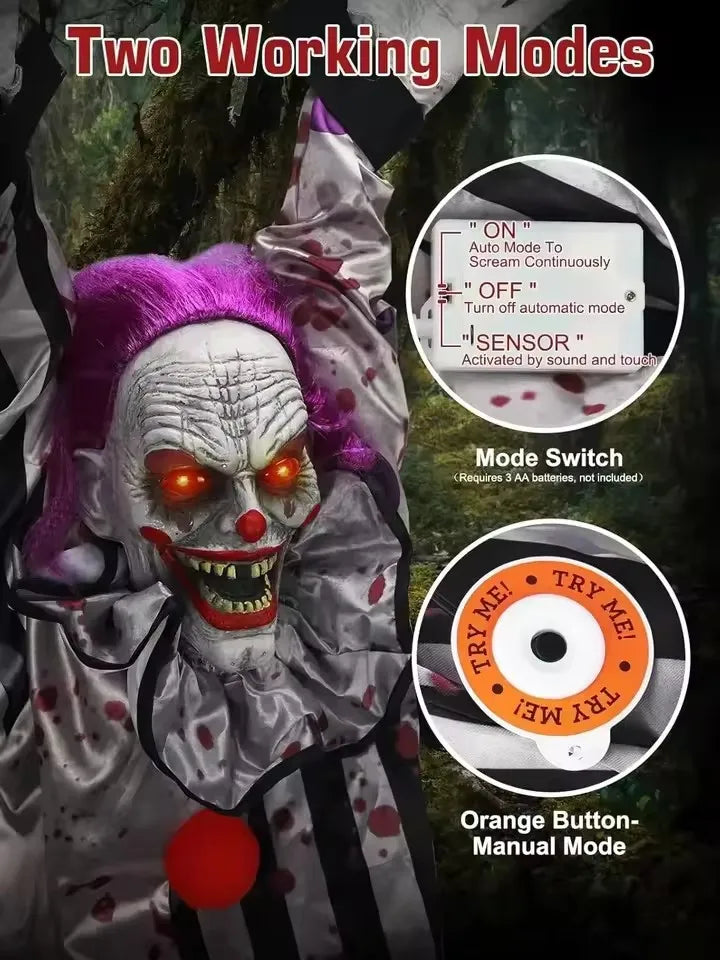 Clown Props Animated Hanging Chain Glowing Eyes Creepy Halloween Costume Prop - E