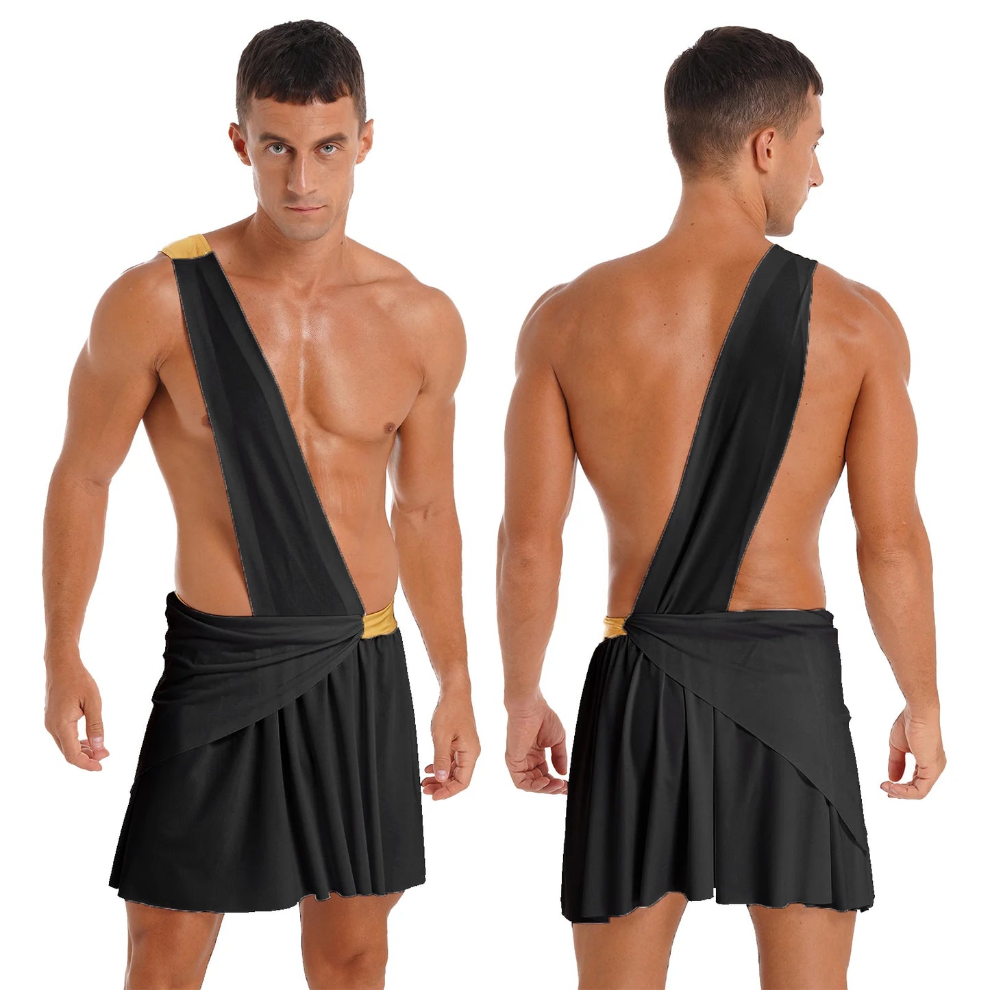 Men's Halloween Ancient Greek Roman Theme Toga Costume One Shoulder Strap Waistband Ruffle - Black / L