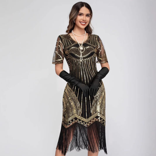 Vintage 1920s Gatsby Flapper Dress Black Gold Peacock Sequins Fringe Sleeveless Art Deco Party Peacock Beaded Sequin Fringe