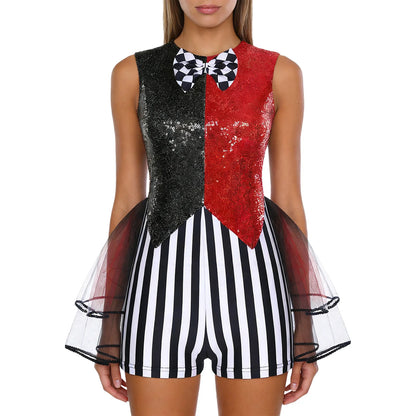 Women's Mad Circus Clown Costume Jumpsuit Sequin and Striped Checker Bowtie Tiered Tulle - Purple / XXL