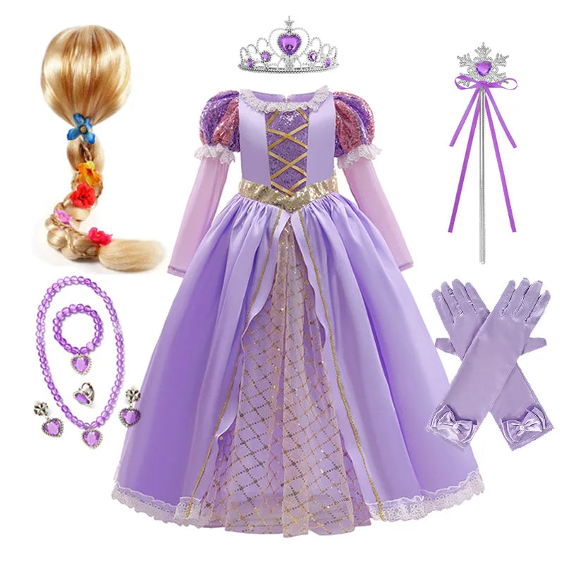 Girl Rapunzel Princess Dress for Kids Halloween Cosplay Tangled Costume Birthday Party Gifts Purple Sequins Mesh Bow Clothing