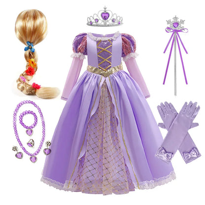 Girl Rapunzel Princess Dress for Kids Halloween Cosplay Tangled Costume Birthday Party Gifts Purple Sequins Mesh Bow Clothing