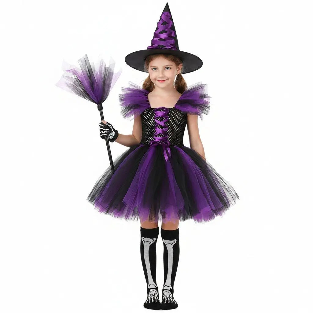 Girl Witch Halloween Disguise Costume With Hat Broom Dress Up Kids Cosplay Children Vestidos Outfit - product image 2