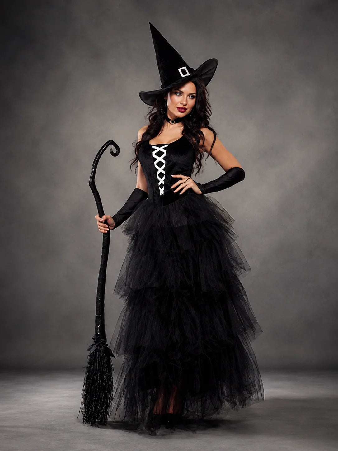 Women's Gothic Witch Costume – Tulle Gown, Hat & Accessories