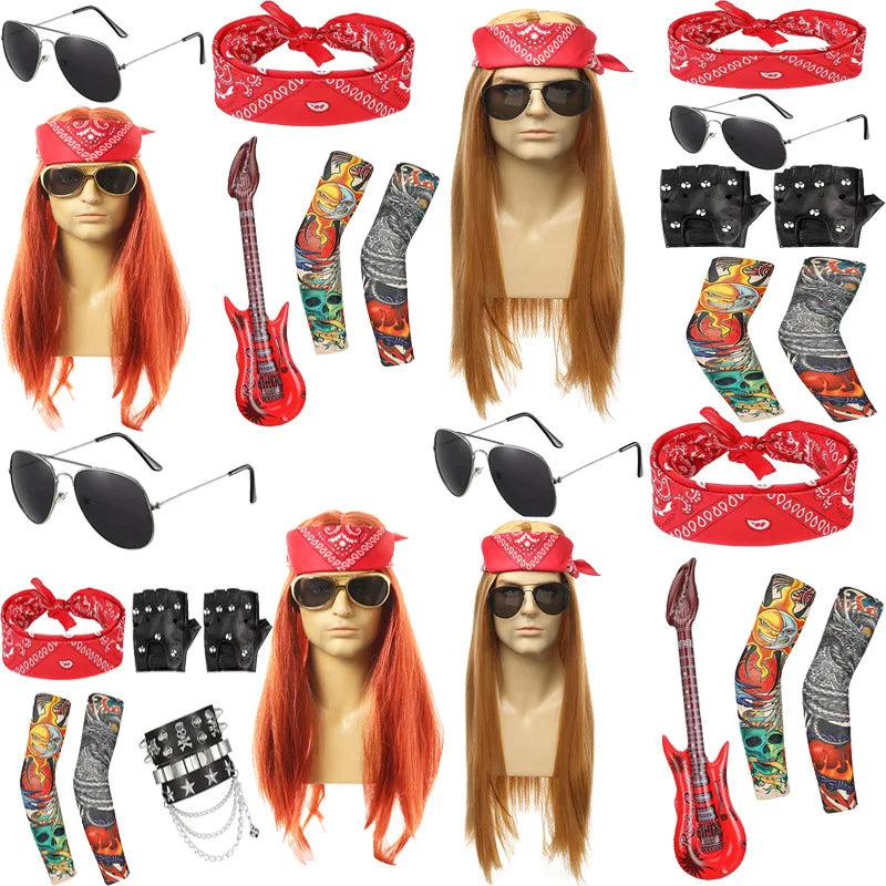 Hot 70s 80s Rocker Costume Heavy Metal Wig Men Women Hippie Wig With Bandana Sunglasses Punk Gloves Tattoo - product image 1