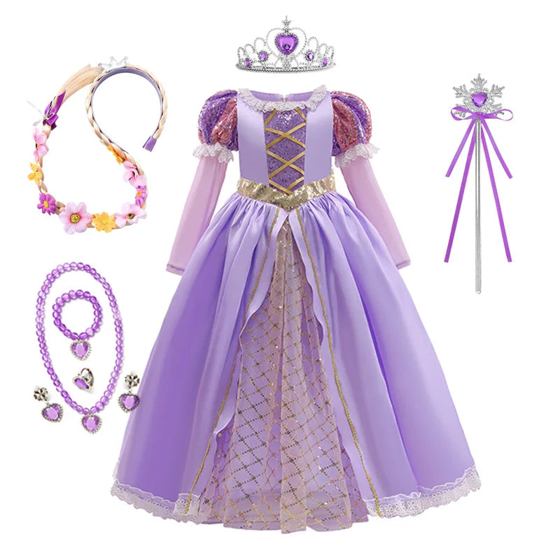 Girl Rapunzel Princess Dress for Kids Halloween Cosplay Tangled Costume Birthday Party Gifts Purple Sequins Mesh Bow Clothing