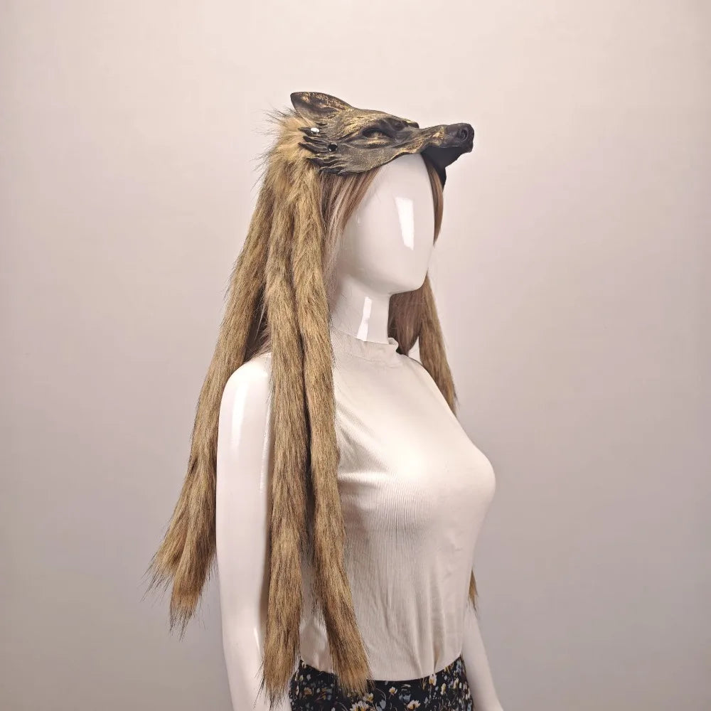 Viking Wolf Mask with Fur Barbarian Headdress Werewolf Headpiece for