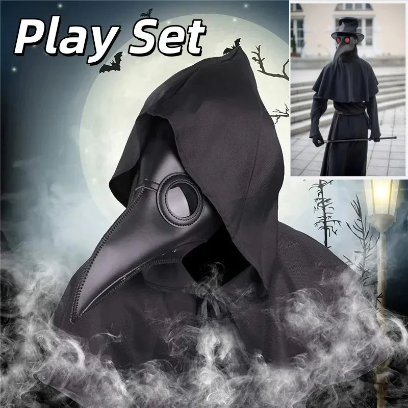 Medieval Plague Doctor Costume for with Pointed Hat Cloak Bird Beak Mask and Hooded