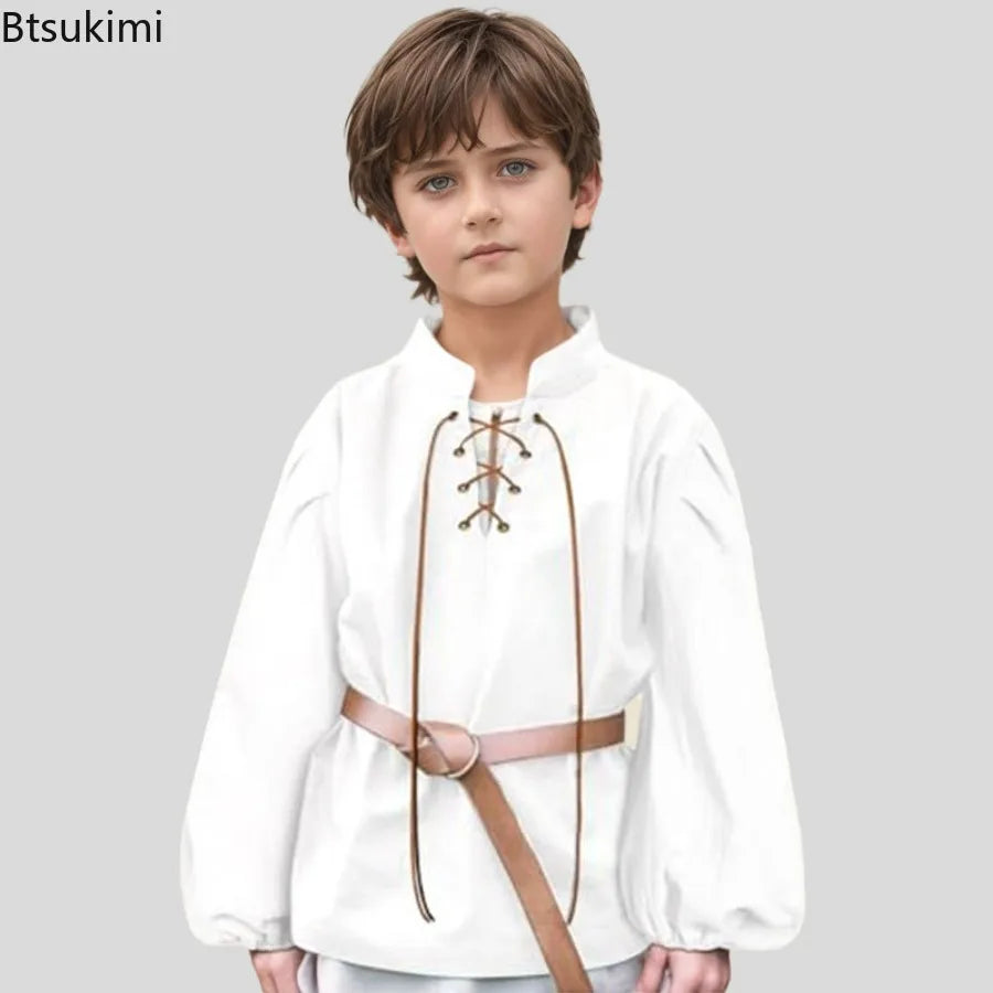 Boys Medieval Pirate Shirt Kids Renaissance Lace up Scottish Jacobite Ghillie