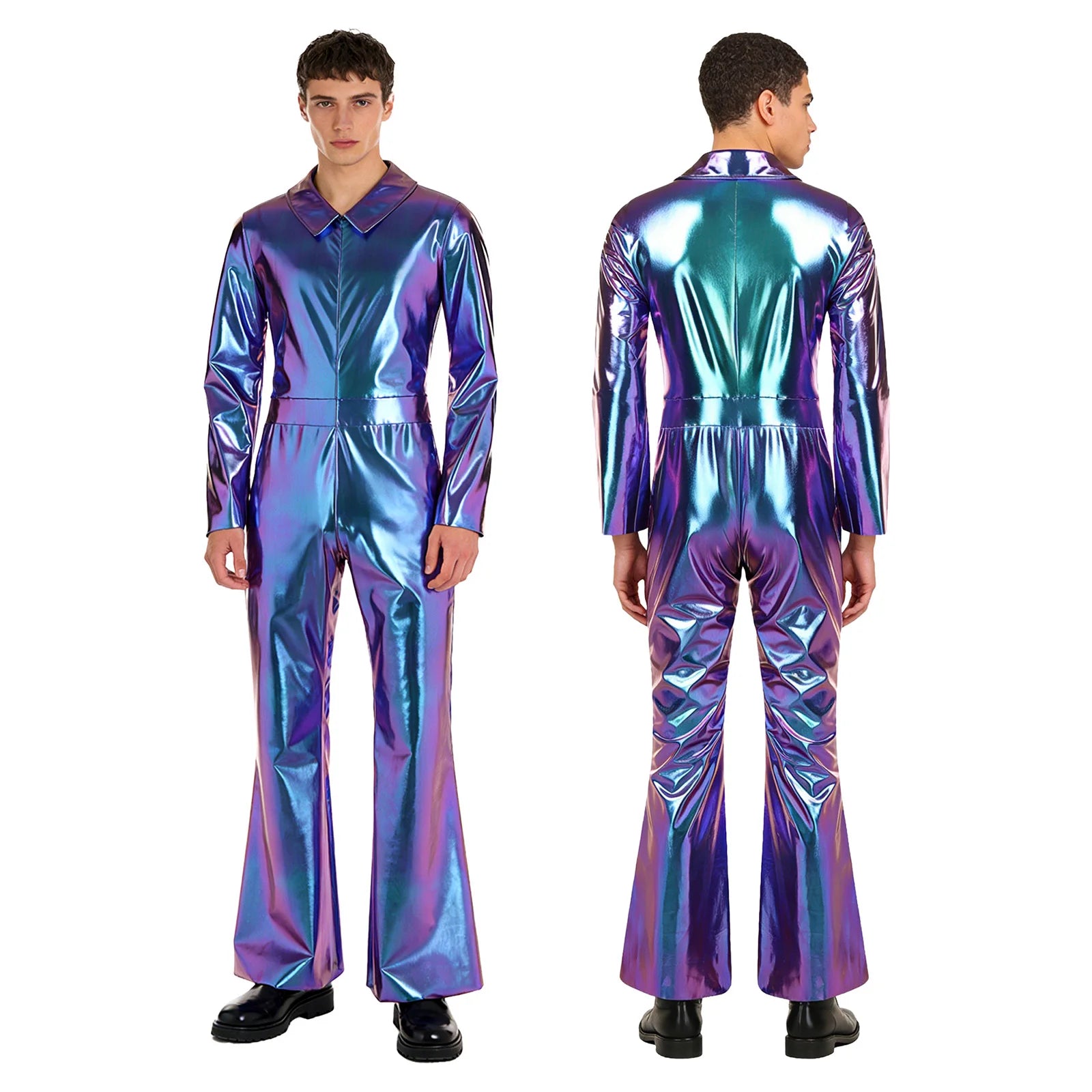 Men 70s Disco Jazz Dance Performance Costume Flare Sleeve Zipper Metallic Shiny Jumpsuit - Silver / 3XL