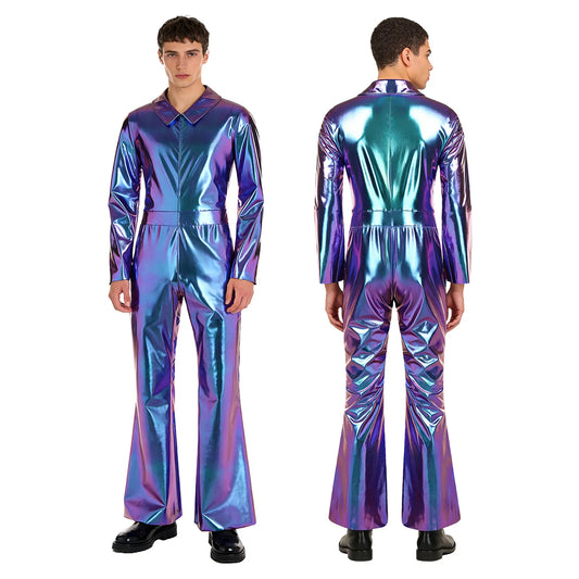 Men 70s Disco Jazz Dance Performance Costume Flare Sleeve Zipper Metallic Shiny Jumpsuit - Silver / 3XL