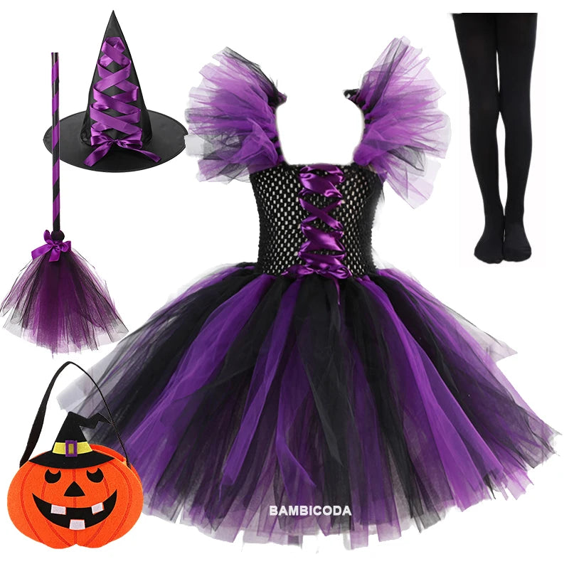 Kids' Witch for Girls Tutu Knee Dress Broom Pantyhose Outfit Girls dresses Hat - alternate view 16