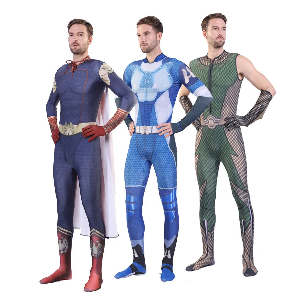The Boys the Homelander the Deep Movie Costume Adult Boys Spandex Zentai Halloween Costume - bodysuit gloves / kid XL 130-140