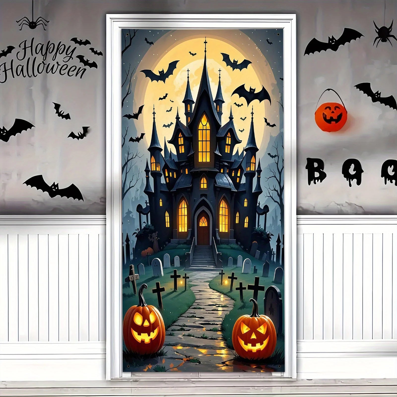 Scary Halloween Door Decoration - Polyester material, full moon and ghost - product image 2