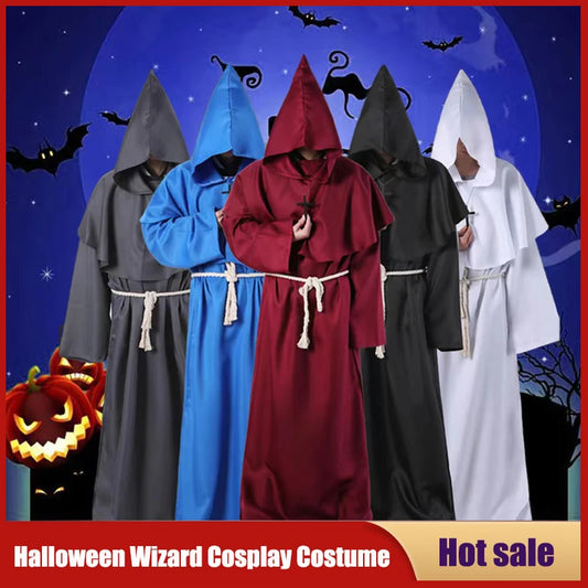 Halloween Wizard Costume Medieval Monk Hooded Robe Costume Mask Hat for Men Steampunk - C4 / Halloween cosplay