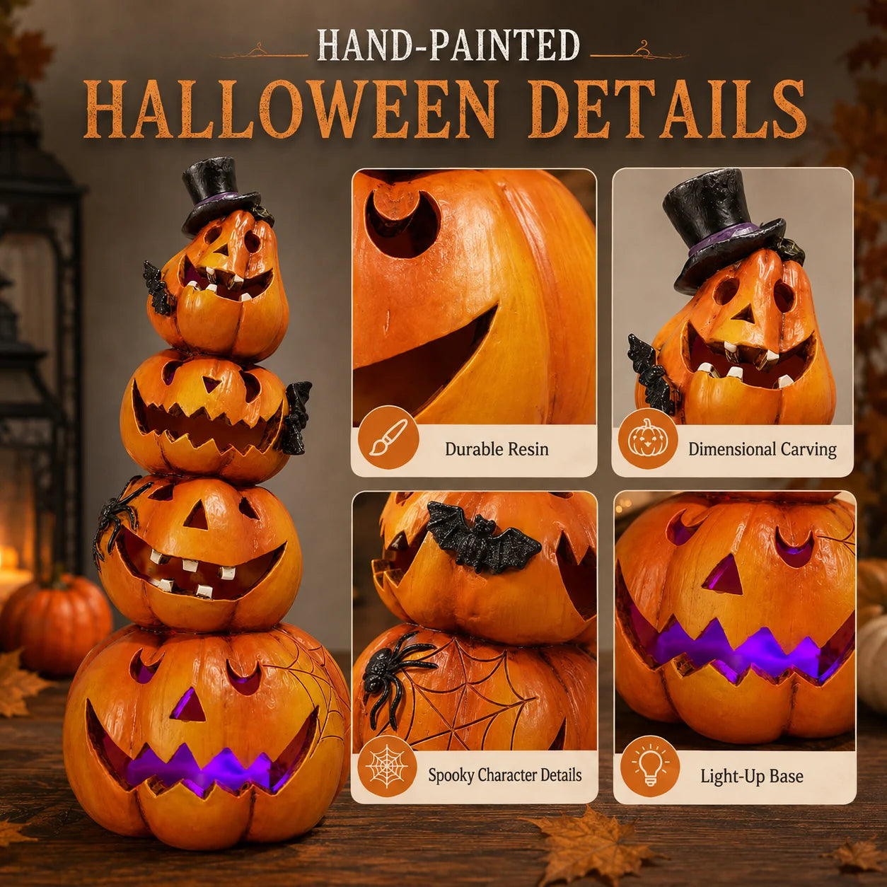 Hodao Resin Halloween Light-Up Stacked Pumpkin Figurine, 4-Tier Jack-O-Lantern Tower with Black Top Hat