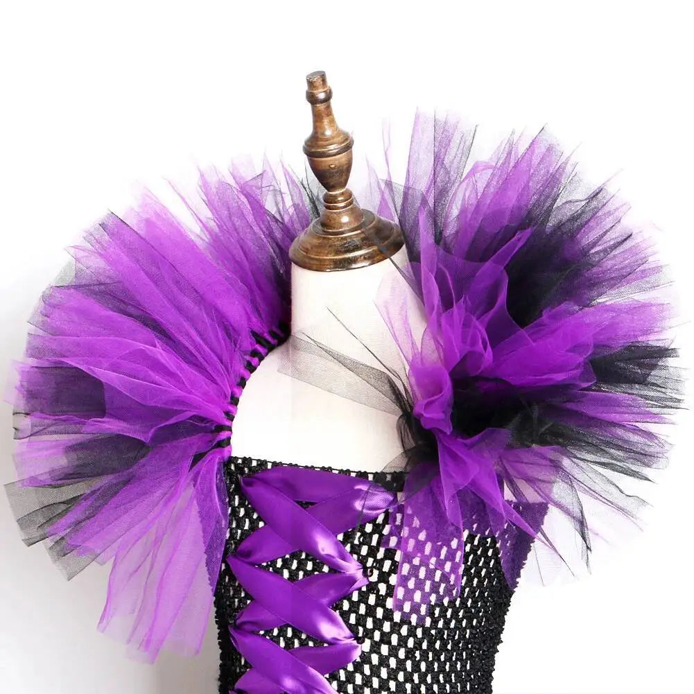 Girls Black Purple Dark Fairy Queen-Inspired Long Costumes with Feather Wings Horns
