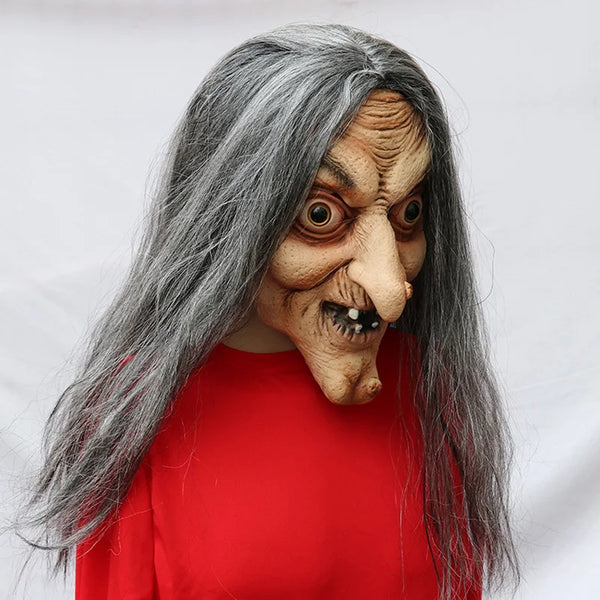 Scary Old Witch Mask Latex with Hair Halloween Wig Grimace Costume