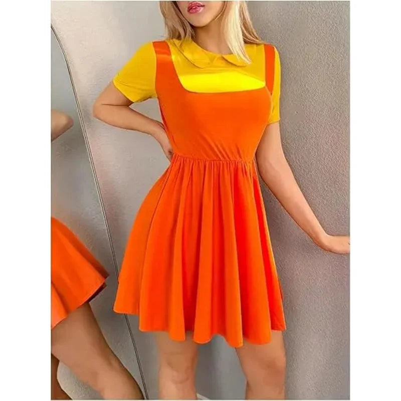 Kids' Movie Korean Game Two Tone Crew Neck Mini Short Sleeve Ruffle A Line Halloween - Orange / Kids M