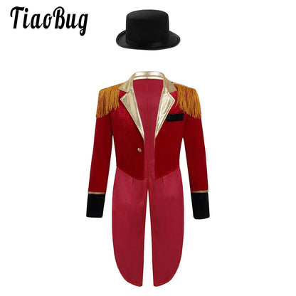 Kids' Circus Long Sleeve Lapel Tassel Tailcoat Felt Hat Ringmaster Costume