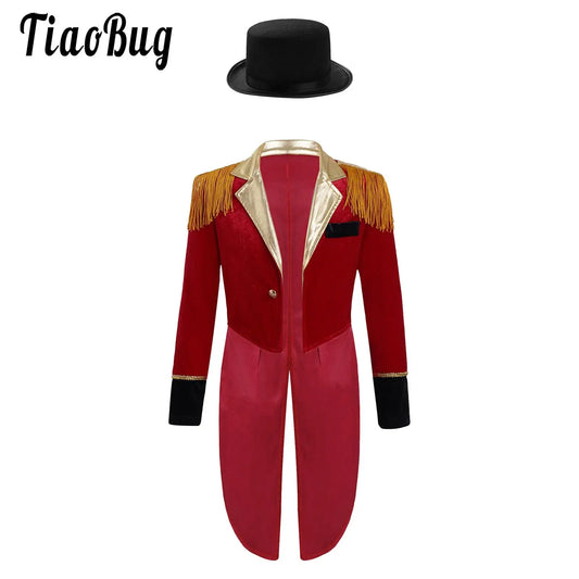 Kids' Circus Long Sleeve Lapel Tassel Tailcoat Felt Hat Ringmaster Costume