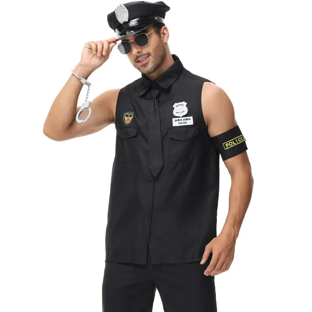 Adult Man America U.S Police Costume Top Shirt Men Cop Costume Halloween Set - Blue-(With Baton) / XL(height 70.1–74.8 in (178–190 cm))