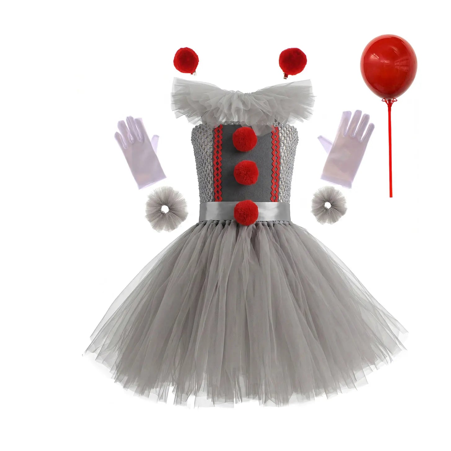 Weird Joker Grey Tutu Dress+Gloves+Hairpin+Bracelet Girls Costume Weirdo Creature Clown - Clown 01 / 8-9T(XL)