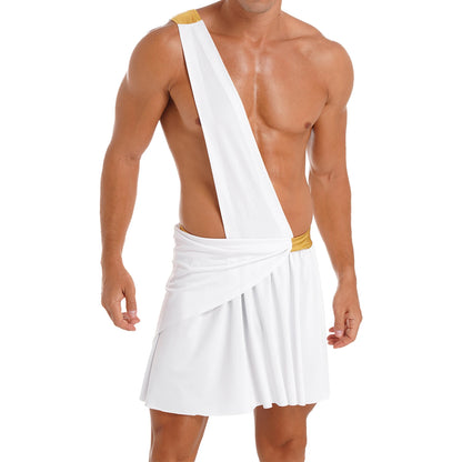 Men's Ancient Greek God Halloween Costume One Shoulder Strap Skirts Knight Warrior - Blue B / L