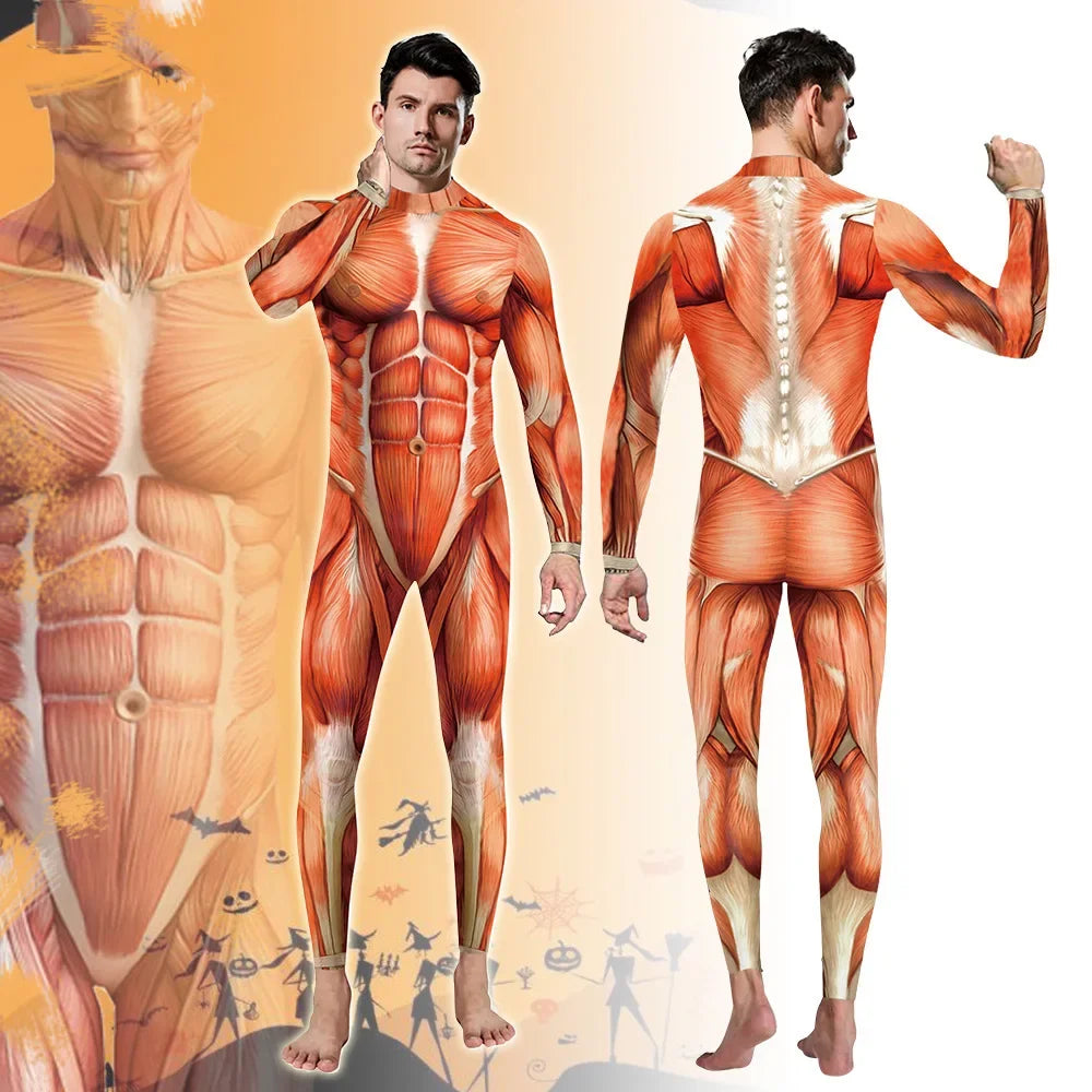 Halloween Hot Muscle Print Costume Men Suit Dress Up Sexy Fitness Catsuit Zentai Suit - B / XL