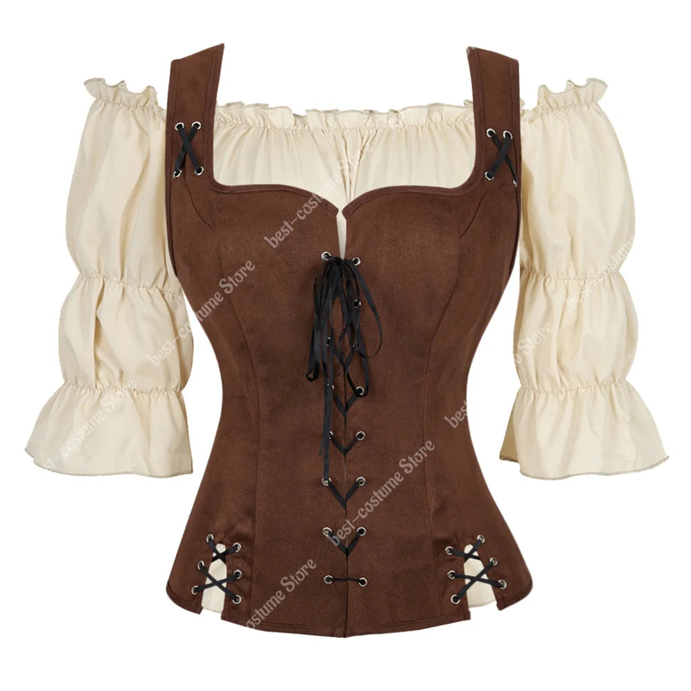 Pirate Costume Women Medieval Vest Costume Plus Size Medieval Blouse Tops 2 Pieces