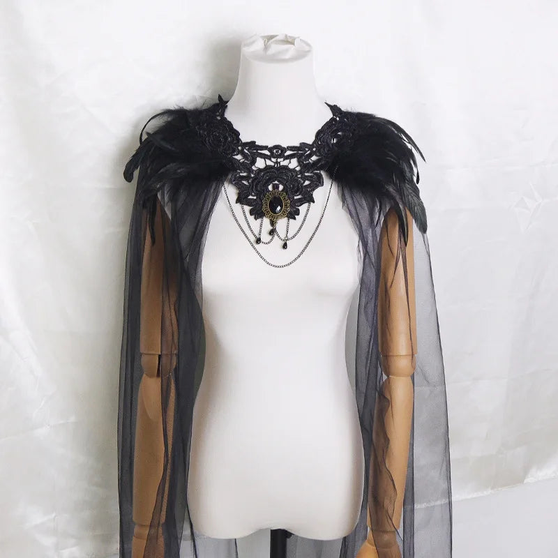 Witch Vampire Bride Medieval Feather Tulle Cloak Halloween Costume - product image 3