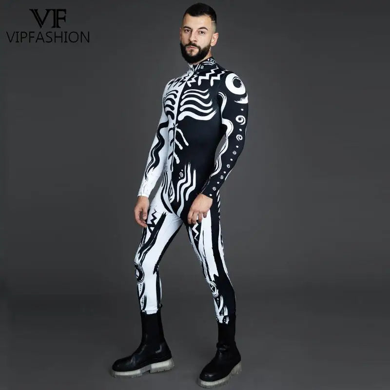 Men's VIP Shaman Eye Art Front Zipper Zentai Bodysuit Catsuit Black White Costume - alternate view 4