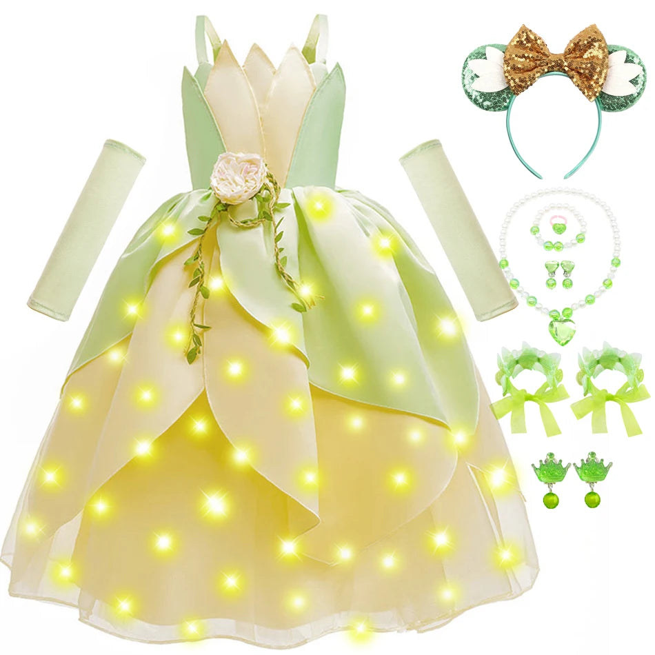 Girls Tiana-Inspired Princess Dress – Floral & Light-Up Costume Options