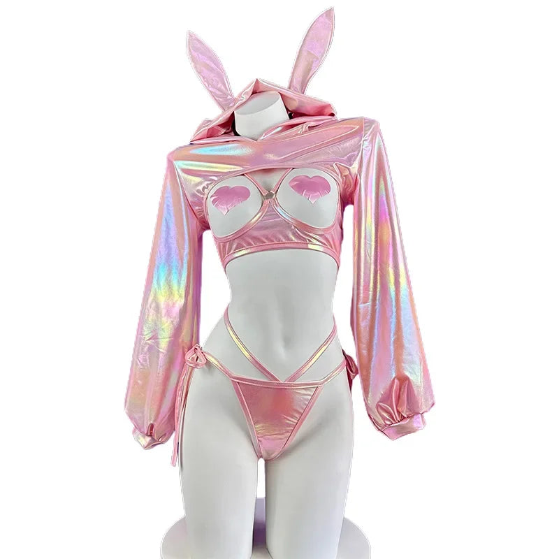 Sexy Lingerie Anime Bunny Girl Cosplay Pink Laser Patent Leather Top Bikini Rabbit Girl Shiny Halloween Underwear