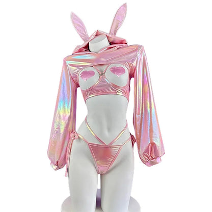 Sexy Lingerie Anime Bunny Girl Cosplay Pink Laser Patent Leather Top Bikini Rabbit Girl Shiny Halloween Underwear