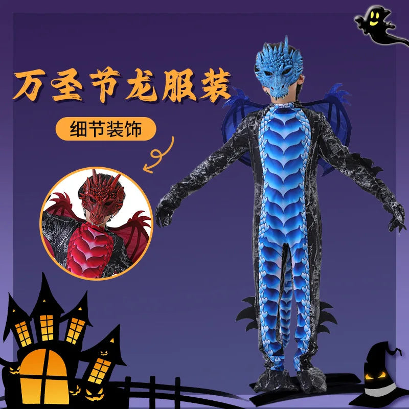 Kids Dragon Costume Boys Halloween Cosplay Dinosaur Jumpsuit Mask 2pcs Set Outfit Blue Red - product image 5
