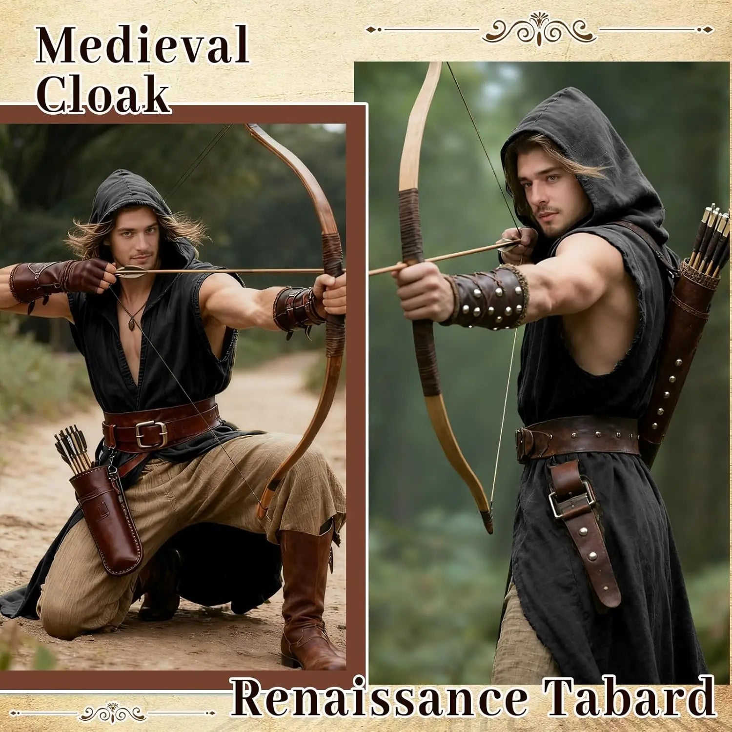 Medieval Costume Men Viking Hooded Sleeveless Surcoat, Mens Renaissance Costume Cloak for Halloween Assassin - product image 3
