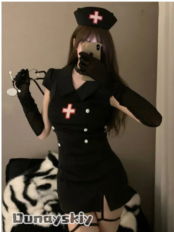 Dark Devil Costume Sexy Devil Nurse Uniform Set Black White Women's Dresses For