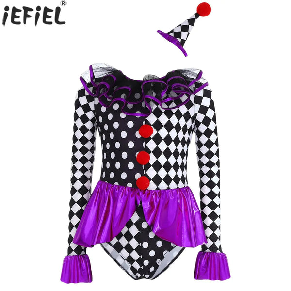 Kids Girls Halloween Circus Clown Costume Theme Performance Sleeve Checkerboard Print - Hot Pink / 6
