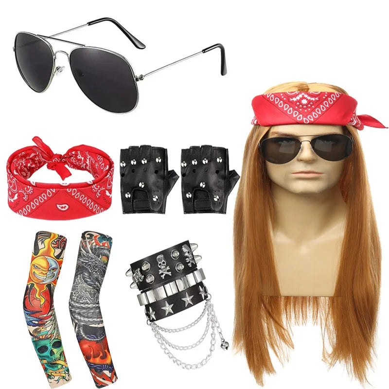 Hot 70s 80s Rocker Costume Heavy Metal Wig Men Women Hippie Wig With Bandana Sunglasses Punk Gloves Tattoo - product image 13