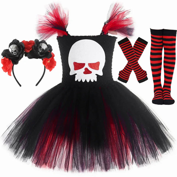 Scary Ghost Skull Costume for Girls Halloween Day of The Dead Dress Up Clothes Red Black Kids Fancy Tutu Dress - product image 1