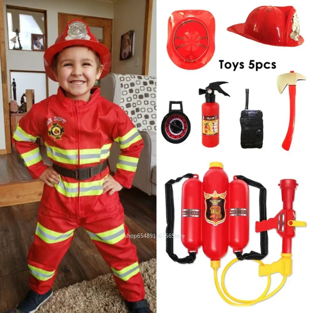 Children Fireman Cosplay Costume Boys Girls Halloween Carnival Party Sam Fireman Uniform Workwear