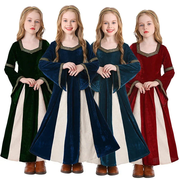 Halloween Girls Costumes Renaissance Retro Medieval Musical Theater Stage Costumes Palace - navy blue / XL