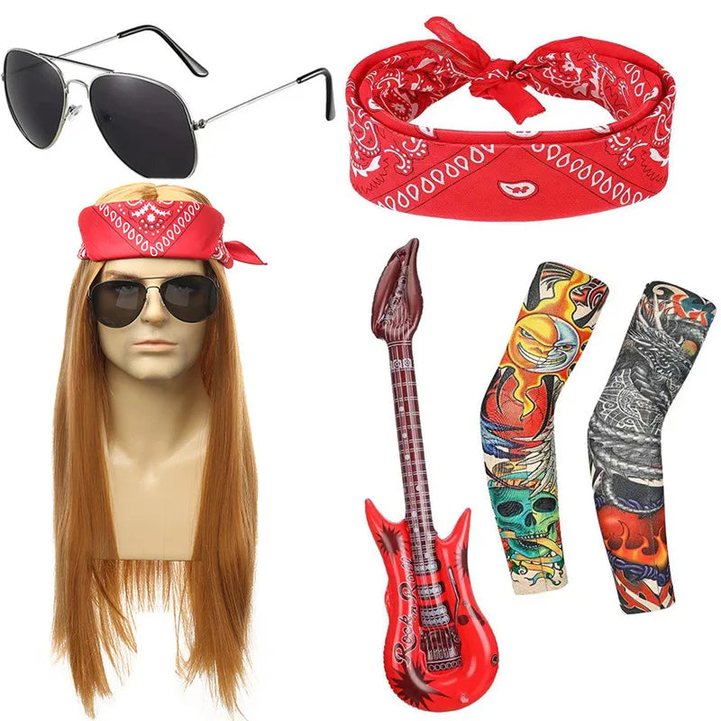 Hot 70s 80s Rocker Costume Heavy Metal Wig Men Women Hippie Wig With Bandana Sunglasses Punk Gloves Tattoo - product image 11