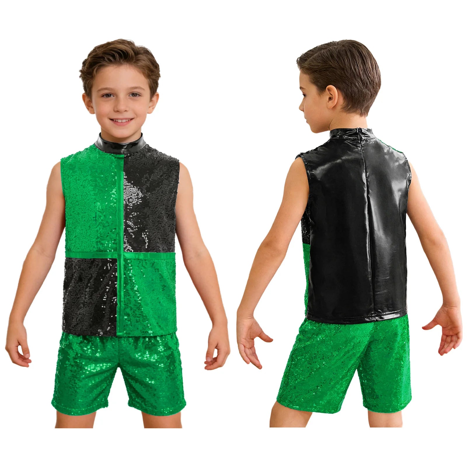Kids Boys Hip Hop Dance Outfit Sequins Dance Top and Shorts Set Halloween Clown Costume - Silver / 14